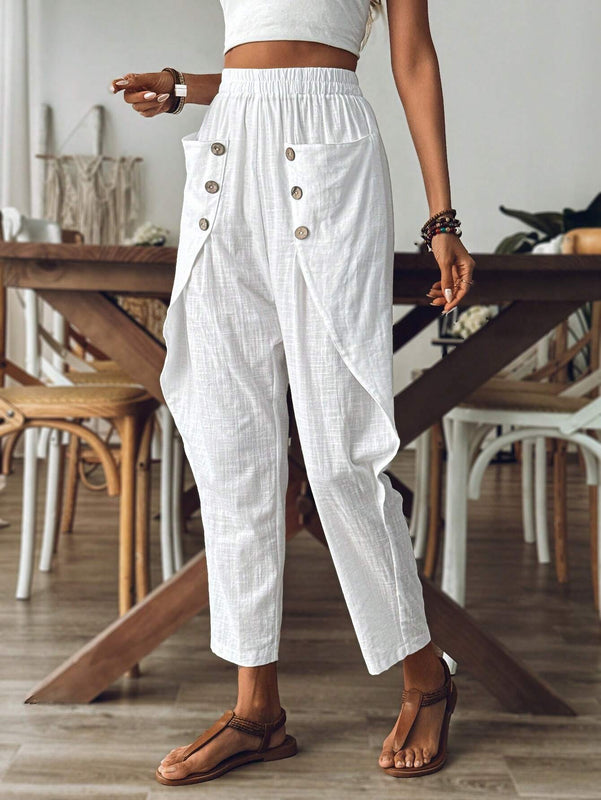 LUNE Pantalon casual solido de mujer con bolsillos y cintura elastica