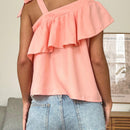 Essnce Camiseta de tirantes con lazo suelto y volantes de color rosado claro tejida para mujer, estilo babydoll casual para el verano con un solo hombro