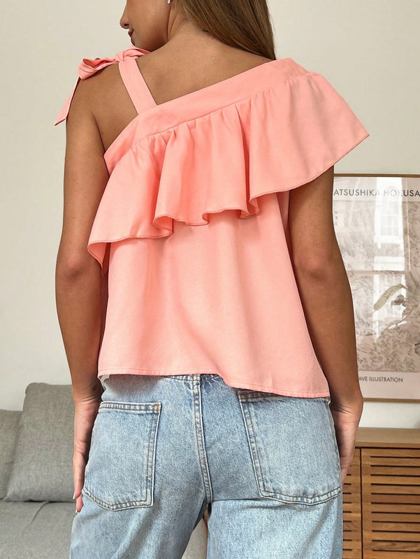 Essnce Camiseta de tirantes con lazo suelto y volantes de color rosado claro tejida para mujer, estilo babydoll casual para el verano con un solo hombro