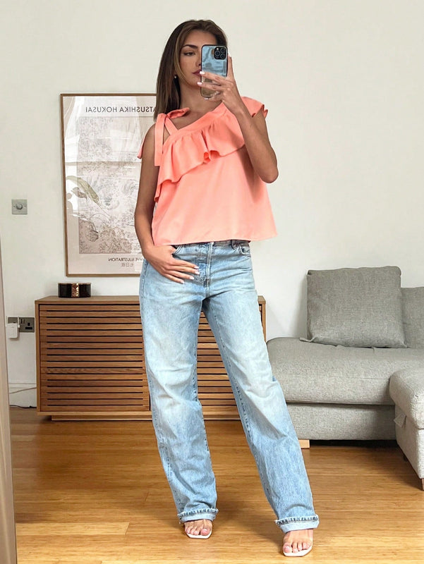 Essnce Camiseta de tirantes con lazo suelto y volantes de color rosado claro tejida para mujer, estilo babydoll casual para el verano con un solo hombro