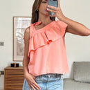 Essnce Camiseta de tirantes con lazo suelto y volantes de color rosado claro tejida para mujer, estilo babydoll casual para el verano con un solo hombro