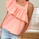 Essnce Camiseta de tirantes con lazo suelto y volantes de color rosado claro tejida para mujer, estilo babydoll casual para el verano con un solo hombro