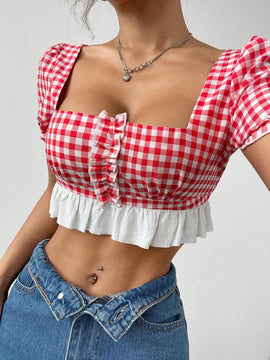 Camisa de franela a cuadros ultra corta para mujer