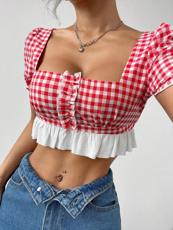 Camisa de franela a cuadros ultra corta para mujer