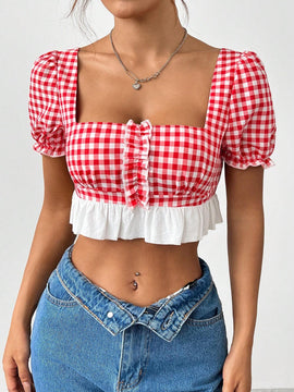 Camisa de franela a cuadros ultra corta para mujer