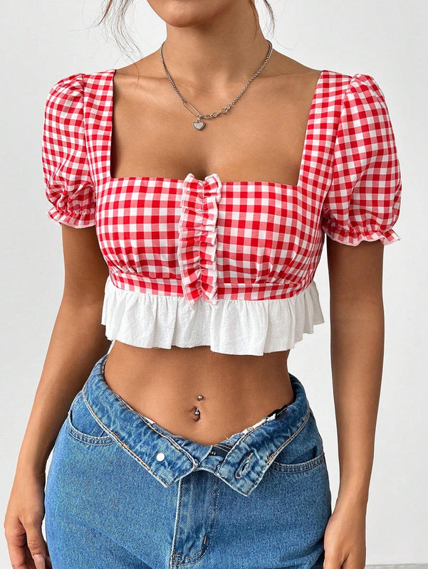 Camisa de franela a cuadros ultra corta para mujer