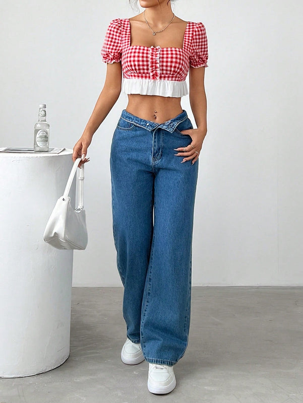 Camisa de franela a cuadros ultra corta para mujer