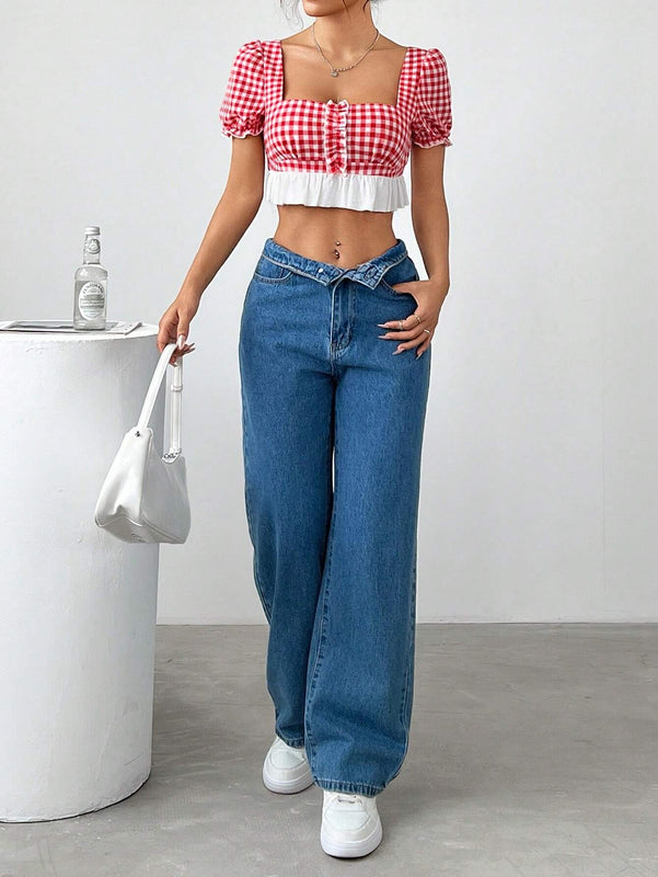 Camisa de franela a cuadros ultra corta para mujer