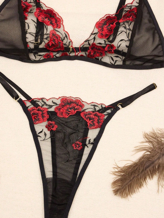 NEW Conjunto de lenceria de tres piezas bordado para mujer, uniforme y disfraz transparente de una pieza