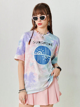Neu Camiseta casual de manga corta, cuello redondo y hombros descubiertos para mujer, con estampado de tie-dye y diseno suelto de estilo callejero