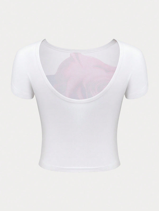 Camiseta casual de verano para mujer con estampado floral, cuello redondo y manga corta