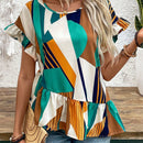 LUNE Camiseta irregular de manga acampanada y dobladillo con volantes para mujer, con estampado de cuadros y de diseno de splicing en el cuello redondo