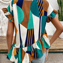 LUNE Camiseta irregular de manga acampanada y dobladillo con volantes para mujer, con estampado de cuadros y de diseno de splicing en el cuello redondo
