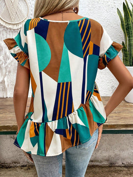 LUNE Camiseta irregular de manga acampanada y dobladillo con volantes para mujer, con estampado de cuadros y de diseno de splicing en el cuello redondo