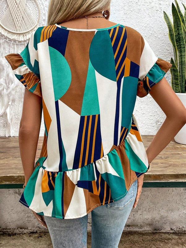 LUNE Camiseta irregular de manga acampanada y dobladillo con volantes para mujer, con estampado de cuadros y de diseno de splicing en el cuello redondo