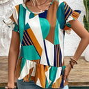 LUNE Camiseta irregular de manga acampanada y dobladillo con volantes para mujer, con estampado de cuadros y de diseno de splicing en el cuello redondo