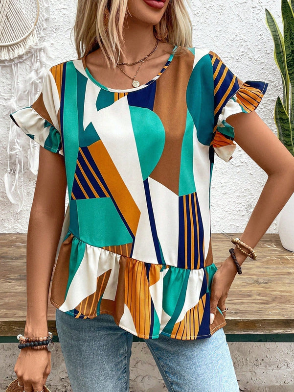 LUNE Camiseta irregular de manga acampanada y dobladillo con volantes para mujer, con estampado de cuadros y de diseno de splicing en el cuello redondo