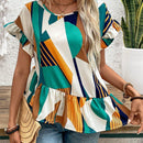 LUNE Camiseta irregular de manga acampanada y dobladillo con volantes para mujer, con estampado de cuadros y de diseno de splicing en el cuello redondo