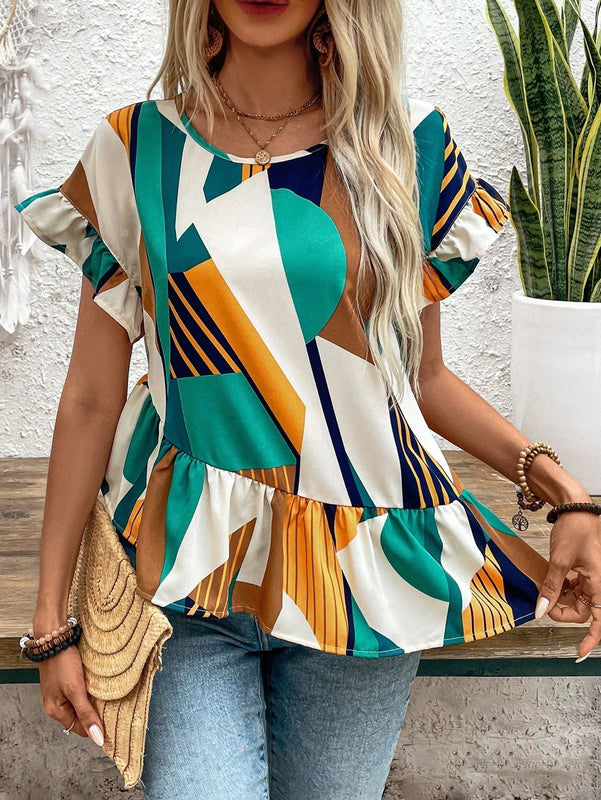 LUNE Camiseta irregular de manga acampanada y dobladillo con volantes para mujer, con estampado de cuadros y de diseno de splicing en el cuello redondo