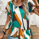 LUNE Camiseta irregular de manga acampanada y dobladillo con volantes para mujer, con estampado de cuadros y de diseno de splicing en el cuello redondo