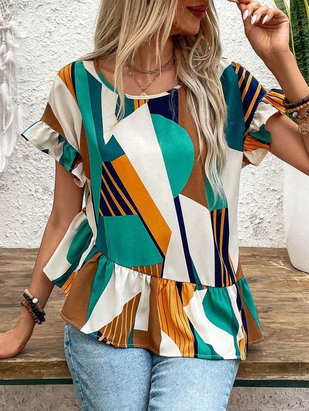 LUNE Camiseta irregular de manga acampanada y dobladillo con volantes para mujer, con estampado de cuadros y de diseno de splicing en el cuello redondo