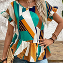 LUNE Camiseta irregular de manga acampanada y dobladillo con volantes para mujer, con estampado de cuadros y de diseno de splicing en el cuello redondo