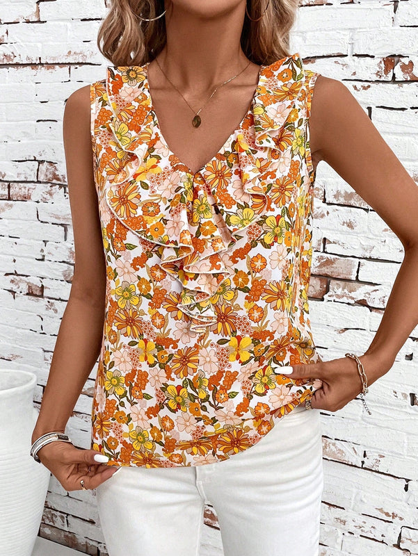 Clasi Camisa de mujer con ribete de volantes y cuello en V