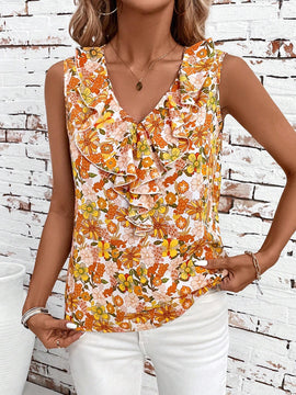 Camisa de mujer con ribete de volantes y cuello en V