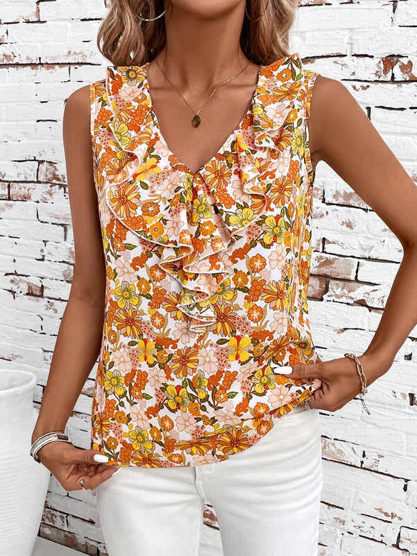Camisa de mujer con ribete de volantes y cuello en V