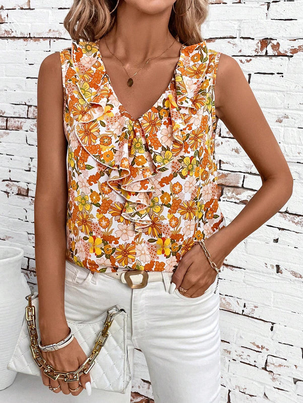Camisa de mujer con ribete de volantes y cuello en V