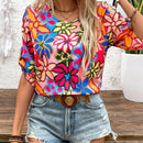LUNE Blusa de verano para vacaciones con estampado floral y cuello redondo