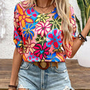 LUNE Blusa de verano para vacaciones con estampado floral y cuello redondo