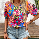 LUNE Blusa de verano para vacaciones con estampado floral y cuello redondo