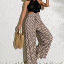 Pantalones anchos casuales y elegantes de estilo bohemio con tejido decorado de punto con diseno impreso en todo el pantalon, cintura fruncida y detalle de cordon