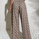Pantalones anchos boho casuales elegantes con tejido de punto estampado, textura ahumada en la cintura con cordon decorado