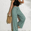 Pantalones anchos boho casuales elegantes con tejido de punto estampado, textura ahumada en la cintura con cordon decorado