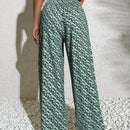 Pantalones anchos boho casuales elegantes con tejido de punto estampado, textura ahumada en la cintura con cordon decorado