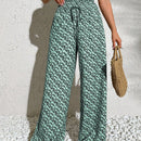Pantalones anchos boho casuales elegantes con tejido de punto estampado, textura ahumada en la cintura con cordon decorado