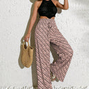 Pantalones anchos casuales y elegantes de estilo bohemio con tejido decorado de punto con diseno impreso en todo el pantalon, cintura fruncida y detalle de cordon