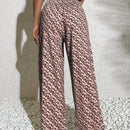 Pantalones anchos casuales y elegantes de estilo bohemio con tejido decorado de punto con diseno impreso en todo el pantalon, cintura fruncida y detalle de cordon