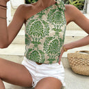 Blusa estampada de corte recto con un hombro descubierto y nudo para mujer, ideal para vestir casual y en la playa