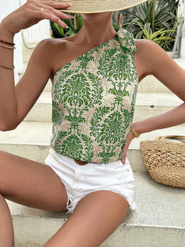 Blusa estampada de corte recto con un hombro descubierto y nudo para mujer, ideal para vestir casual y en la playa