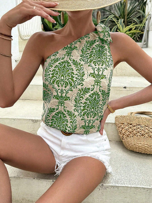 Blusa estampada de corte recto con un hombro descubierto y nudo para mujer, ideal para vestir casual y en la playa