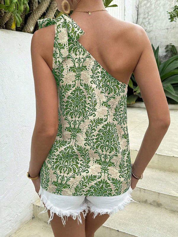 Blusa estampada de corte recto con un hombro descubierto y nudo para mujer, ideal para vestir casual y en la playa