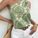 Blusa estampada de corte recto con un hombro descubierto y nudo para mujer, ideal para vestir casual y en la playa