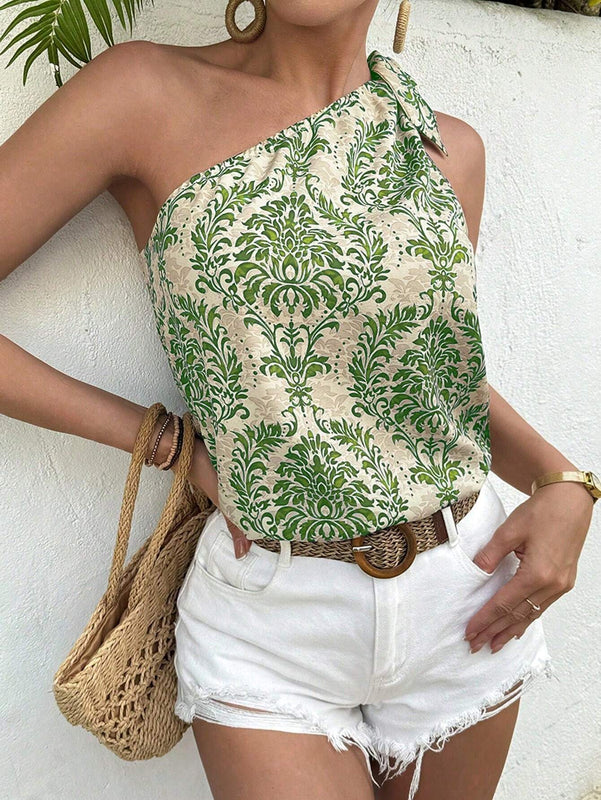 Blusa estampada de corte recto con un hombro descubierto y nudo para mujer, ideal para vestir casual y en la playa