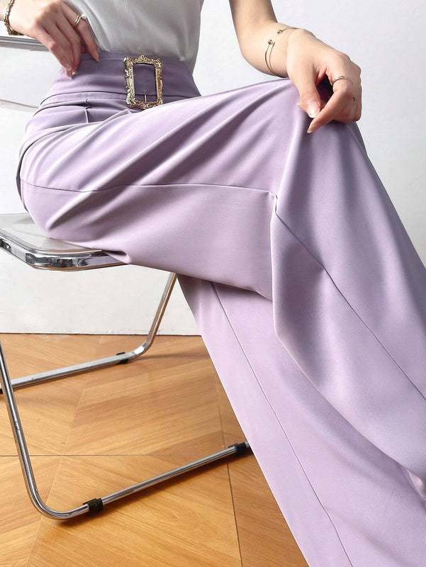 Modely Pantalones casuales de mujer con cintura alta y pierna recta de unicolor