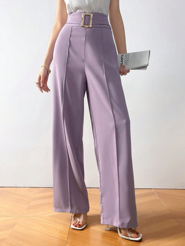 Modely Pantalones casuales de mujer con cintura alta y pierna recta de unicolor