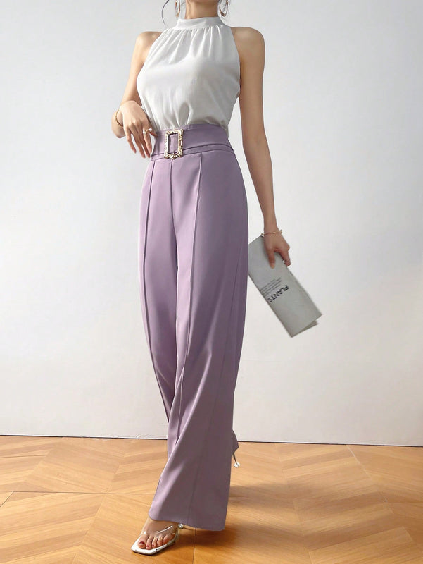 Modely Pantalones casuales de mujer con cintura alta y pierna recta de unicolor
