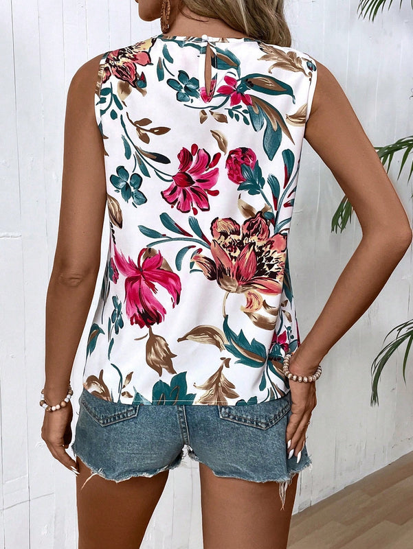 LUNE Blusa sin mangas estampada con flores de verano y escote redondo